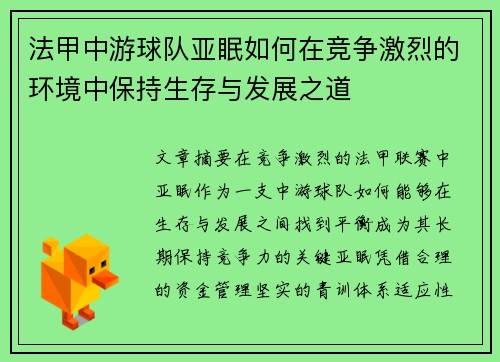 法甲中游球队亚眠如何在竞争激烈的环境中保持生存与发展之道