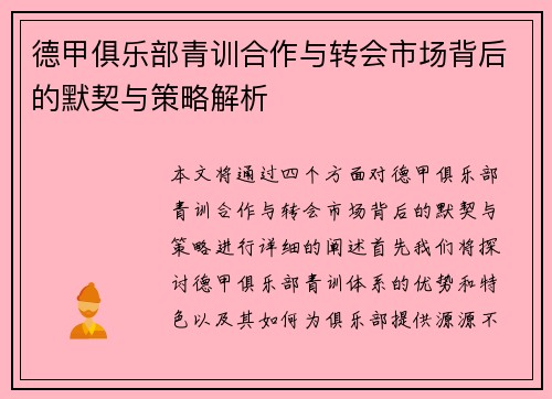 德甲俱乐部青训合作与转会市场背后的默契与策略解析